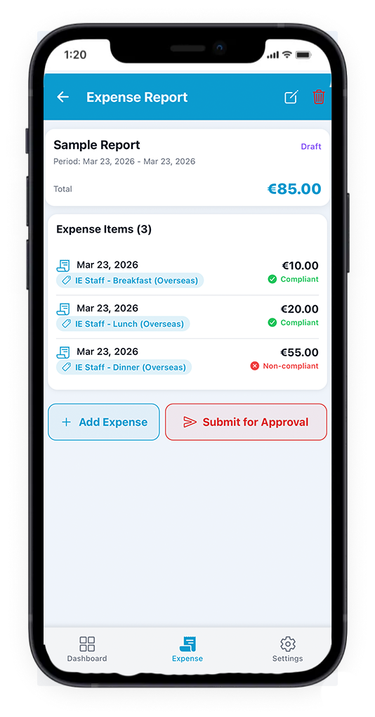 Saving or submitting an expense report from the Medray Expense mobile app